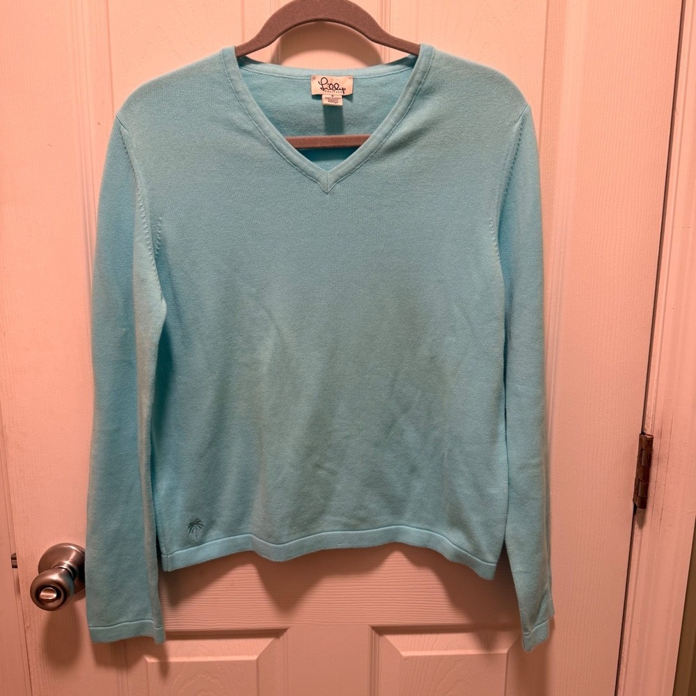 Lilly Pulitzer Turquoise V Neck Cotton‎ Sweater Palm Tree Logo Size S